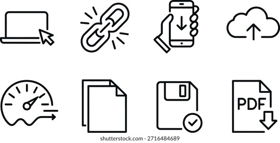 Collection of icons representing digital data transfer and storage
