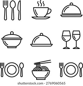 Collection of icons representing dining and culinary essentials