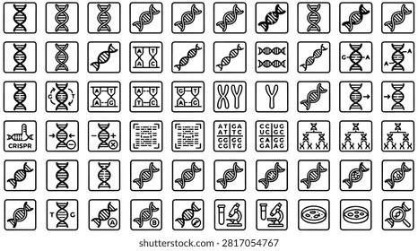 A collection of icons representing DNA, genetics, and scientific research, including double helix structures, chromosomes, CRISPR technology, and laboratory equipment.