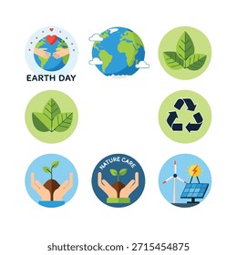 Colección de íconos que representan el Día de la Tierra y prácticas ecológicas