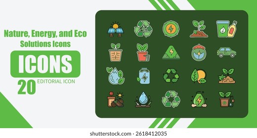 A collection of icons representing eco-friendly and sustainable practices on a green backdrop design.