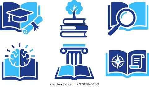 Collection of icons representing education and learning concepts. Includes graduation cap, books, brain, pillar, compass.