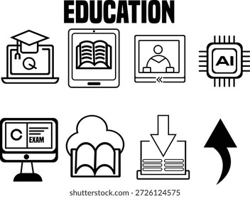 Uma coleção de ícones que representam conceitos de educação, tecnologia e aprendizagem, incluindo graduação, e-learning e troca de dados.