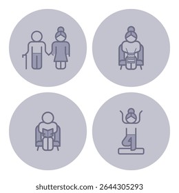 Collection of icons representing elderly people doing different activities such as walking, reading, and exercising. Daily senior lives and interactions concept