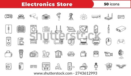 A collection of icons representing electronics store products and gadgets