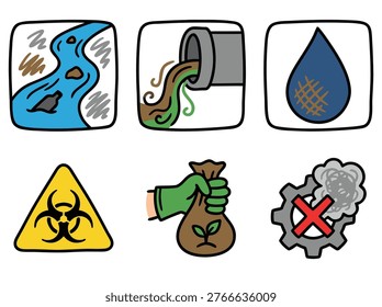 Collection of icons representing environmental pollution and conservation efforts.