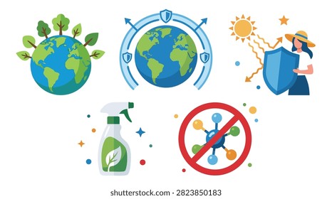 A collection of icons representing environmental protection, sustainable practices, and eco-friendly solutions for a healthier planet.