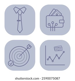 Collection of icons representing essential office themes like business attire, financial technology, goal setting with arrows, and growth graphs