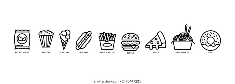 Collection of icons representing fast food, junk food, unhealthy eating. Thin lines style.