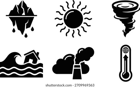 Una colección de íconos que representan el calentamiento global y el cambio climático, incluidos icebergs derretidos, sol intenso, tornados, inundaciones, contaminación industrial y temperaturas en aumento.