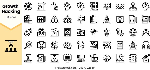 A collection of icons representing growth hacking strategies, featuring various symbols like graphs, gears, and light bulbs, perfect for digital marketing visuals.