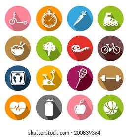 Collection of icons representing healthy lifestyle, sports and fitness activities in flat design style.