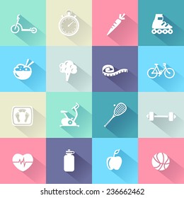 Collection of icons representing healthy lifestyle, sports and fitness activities in flat design style.
