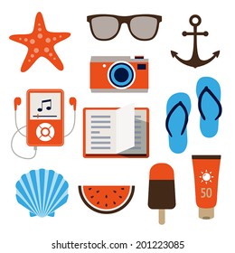 Collection of icons representing holidays, summer and relaxation in flat design style.
