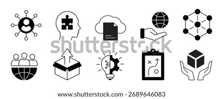 Collection of icons representing innovation technology and global connectivity business ideas and digital solutions