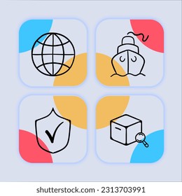 Collection of icons representing intercontinental transportation of goods. Global, logistics, shipping, icons, set, cargo. Pastel color background. Vector line icon