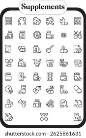 collection of icons representing key supplement elements like capsules, powders, herbal extracts, vitamins, and protein shakes. These editable vector graphics are ideal for supplement brands, health-f