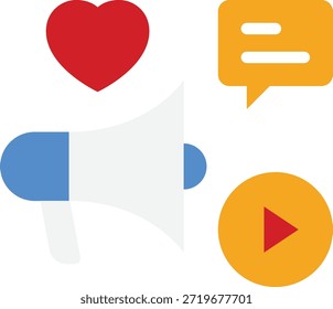 Colección de íconos que representan likes, comentarios y videos para marketing digital y comunicación en línea.