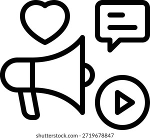 Colección de íconos que representan likes, comentarios y videos para marketing digital y comunicación en línea.