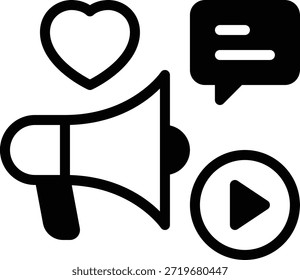 Colección de íconos que representan likes, comentarios y videos para marketing digital y comunicación en línea.