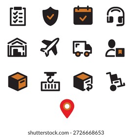 Colección de íconos que representan conceptos de logística y envío, incluido el transporte, la entrega y el seguimiento de paquetes, sobre un fondo limpio.