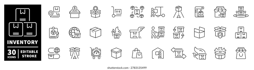 Collection of icons representing logistics, shipping, and inventory management processes