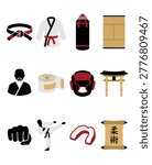 A collection of icons representing martial arts including a gi, belt, punching bag, and fighter.