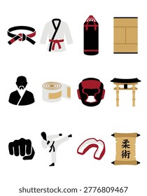 A collection of icons representing martial arts including a gi, belt, punching bag, and fighter.