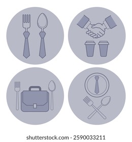 Collection of icons representing meal settings, including cutlery, business attire, and coffee cups, suggesting professional dining situations. Ideal for illustrating business-related dining themes