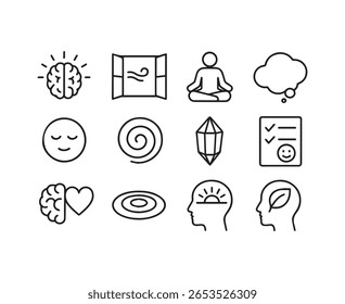 Collection of icons representing mental health concepts and practices like meditation clarity self care positive thinking and emotional balance