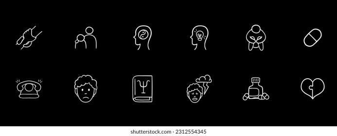 Collection of icons representing mental support and assistance. Empathy, listening, support. Vector white set icon