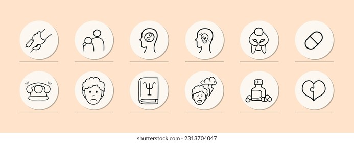 Collection of icons representing mental support and assistance. Empathy, listening, support. Pastel color background. Vector line icon