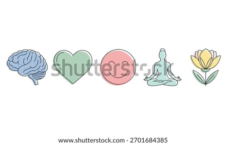 A collection of icons representing mental wellness, including a brain, heart, smiley face, yoga pose, and lotus flower, symbolizing holistic health.