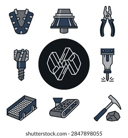 A collection of icons representing mining and construction tools and equipment including a drill bit, hammer, pliers, and conveyor belt.