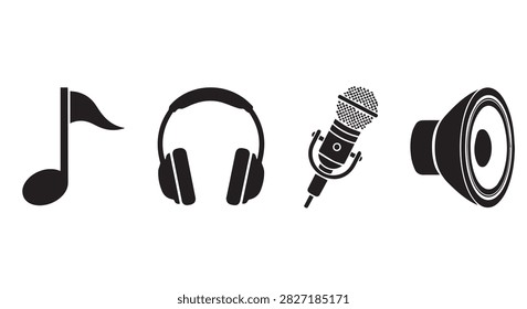 Collection of icons representing music notes, headphones, microphone, and speaker for media, entertainment, and audio technology themes.