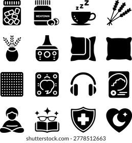 Collection of icons representing natural sleep aids and relaxation techniques for better rest