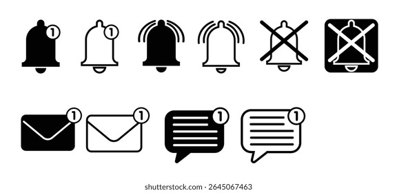  A collection of icons representing notifications and messages, . Includes bell (alert), crossed-out bell (silent), envelope (email), and speech bubble (message) in both solid and outline styles.