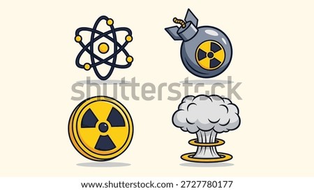 A collection of icons representing nuclear energy, atomic structure, and a bomb explosion.