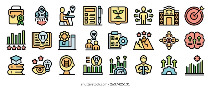 Collection of icons representing personal and professional growth, career development, business success, education and skill improvement