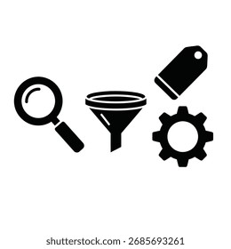 A collection of icons representing search, filtering, tagging, and settings, suggesting data analysis or configuration.