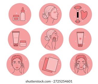 Colección de íconos que representan la rutina del cuidado de la piel y tratamientos de belleza, los íconos de portada destacados de las redes sociales