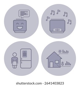 Collection of icons representing smart home technology, including voice assistant, music device, appliance, and environmental monitoring. Household functions concept