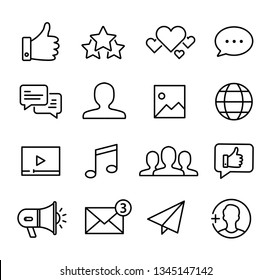 Collection of icons representing social media, connection, communication. Modern, thin lines style.