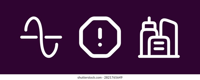 Collection of icons representing sound waves or data flow, a warning or alert symbol, and a simplified urban landscape or cityscape. Includes wave, stop sign, and buildings.