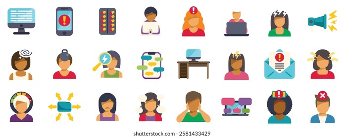 Collection of icons representing stress and burnout symptoms in office workers, featuring various triggers and coping mechanisms