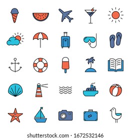 Collection of icons representing summer, travel, sea, beaches and relax. Modern, thin lines style.