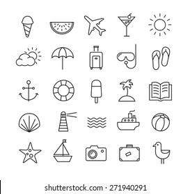 Collection of icons representing summer, travel, sea, beaches and relax. Modern, thin lines style.
