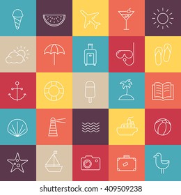 Collection of icons representing summer, travel, sea, beaches and relax. Modern, thin lines style.