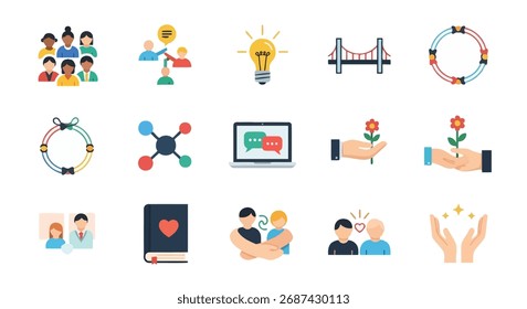 Coleção de ícones que representam trabalho em equipe, inovação, conexão e crescimento