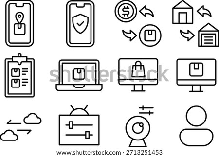 Collection of icons representing technology and security features isolated on transparent background